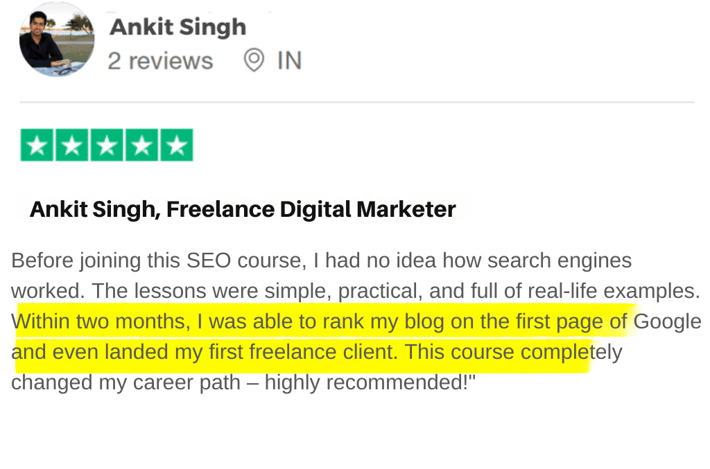 before joining this seo course, i had no idea how search engines worked. the lessons were simple, practical, and full of real life examples. within two months, i was able to rank my blog on the fi